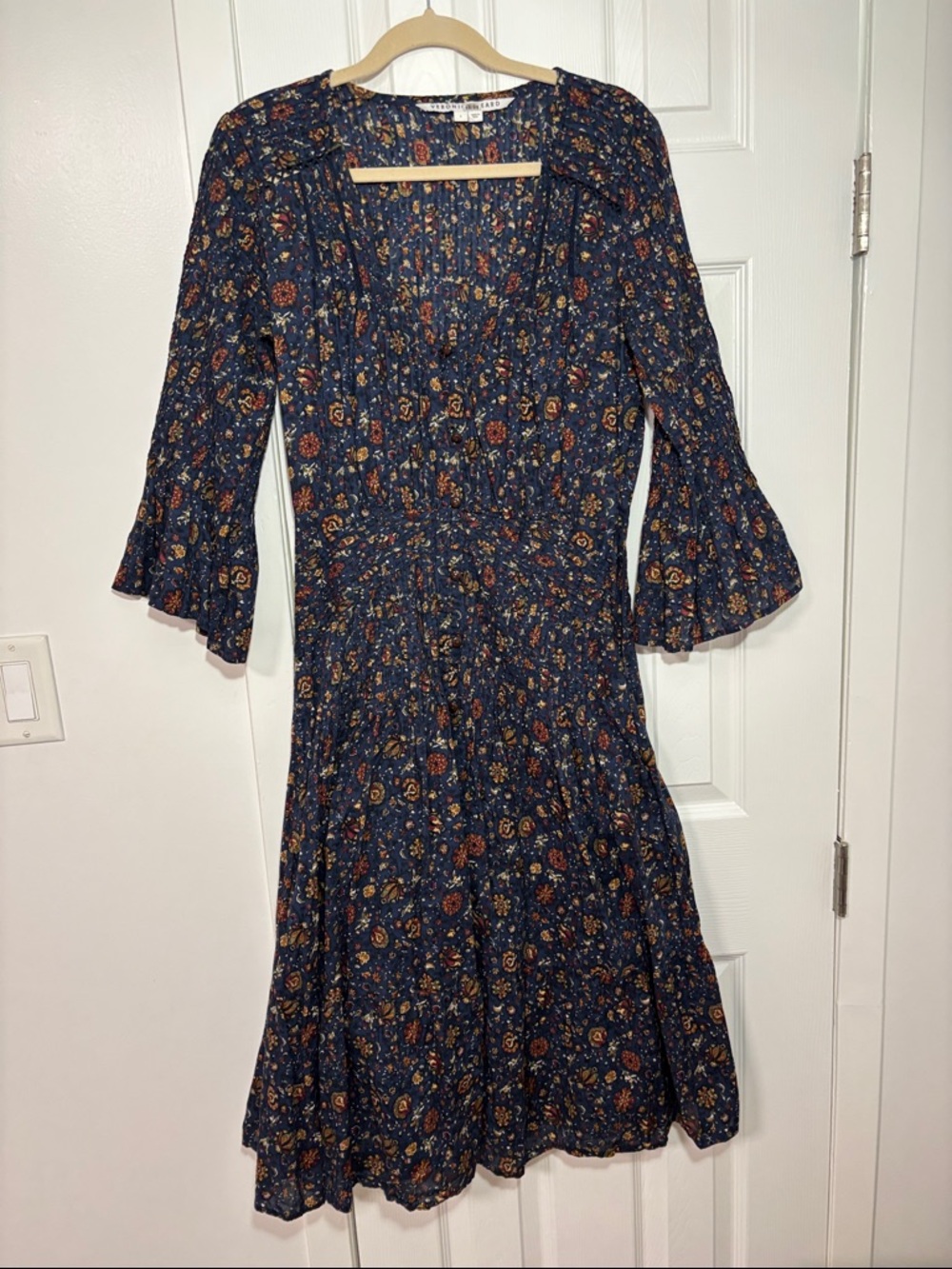 Veronica Beard Navy Floral Midi Dress with Bell Sleeves